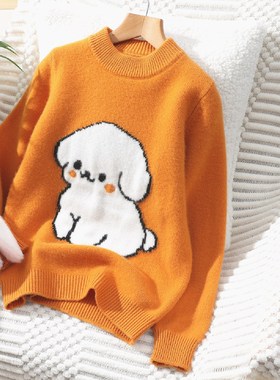 儿童羊绒衫女童双股厚款半高领针织打底衫男童小狗羊毛衫卡通毛衣