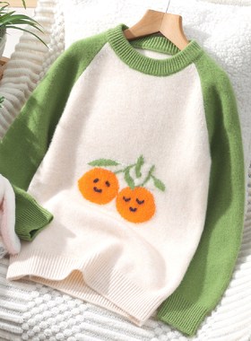 儿童羊绒衫女童双股加厚圆领柿柿如意打底衫男童羊毛衫套头毛衣