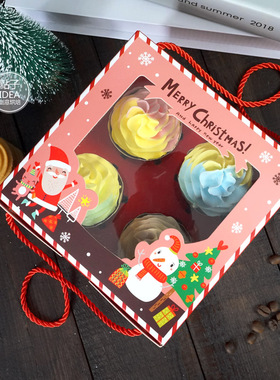圣诞开窗红色纸杯蛋糕包装盒西点盒4粒布丁马芬杯子蛋糕盒手提盒