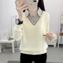 T恤上衣 宽松长袖 纯棉拼接假两件刺绣套头POLO卫衣女2025新款 秋装