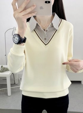 纯棉拼接假两件刺绣套头POLO卫衣女2026新款春装宽松长袖T恤上衣