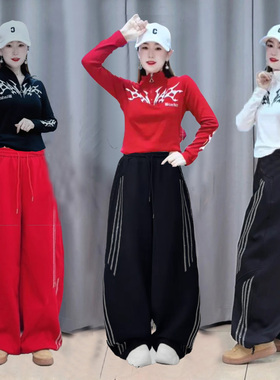 秋冬广场舞磨毛长袖T恤打底宽松烫钻休闲裤弯刀裤3934套装演出服