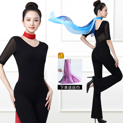 形体训练服装女中袖网纱套装