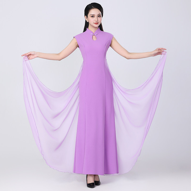 新款大气紫色形体礼走秀仪连衣裙修身舞台演出服古典舞旗袍练功服