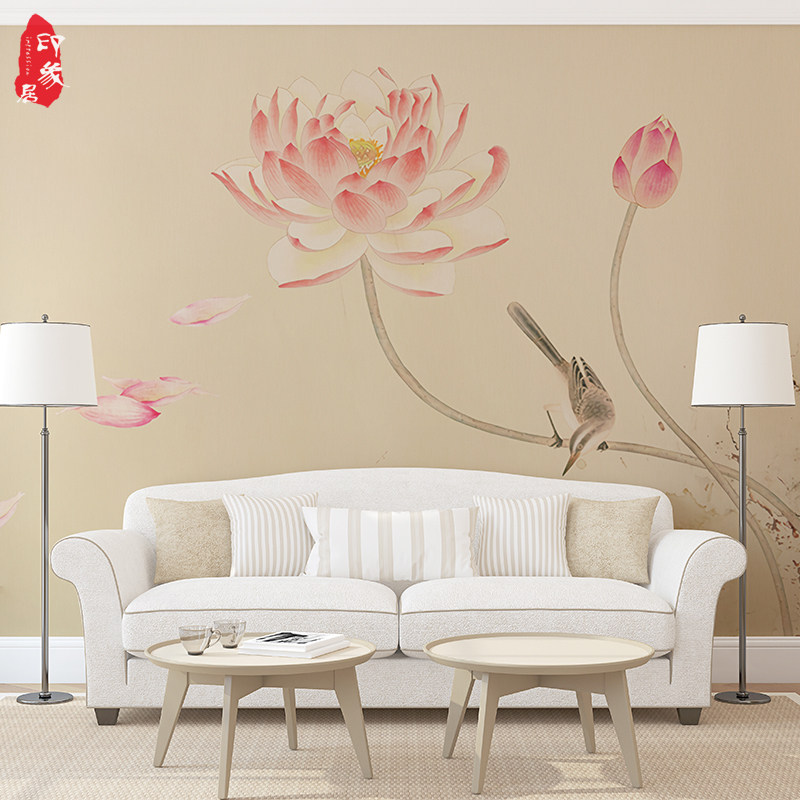 新中式墙纸客厅电视背景墙壁纸卧室沙发壁画工笔荷花影视墙墙布