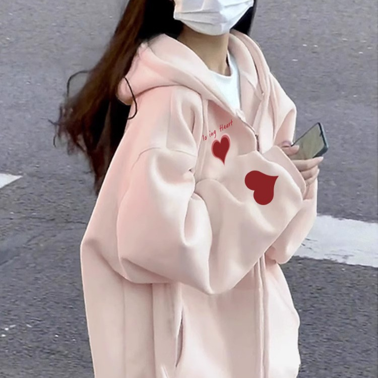 山东青岛即墨粉色卫衣外套女秋冬季学生2025新款加绒加厚连帽