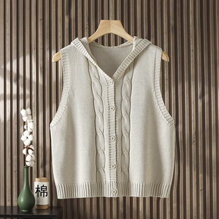 大码胖mm连帽针织衫棉线马甲背心女秋季宽松毛线坎肩纯色毛衣马夹