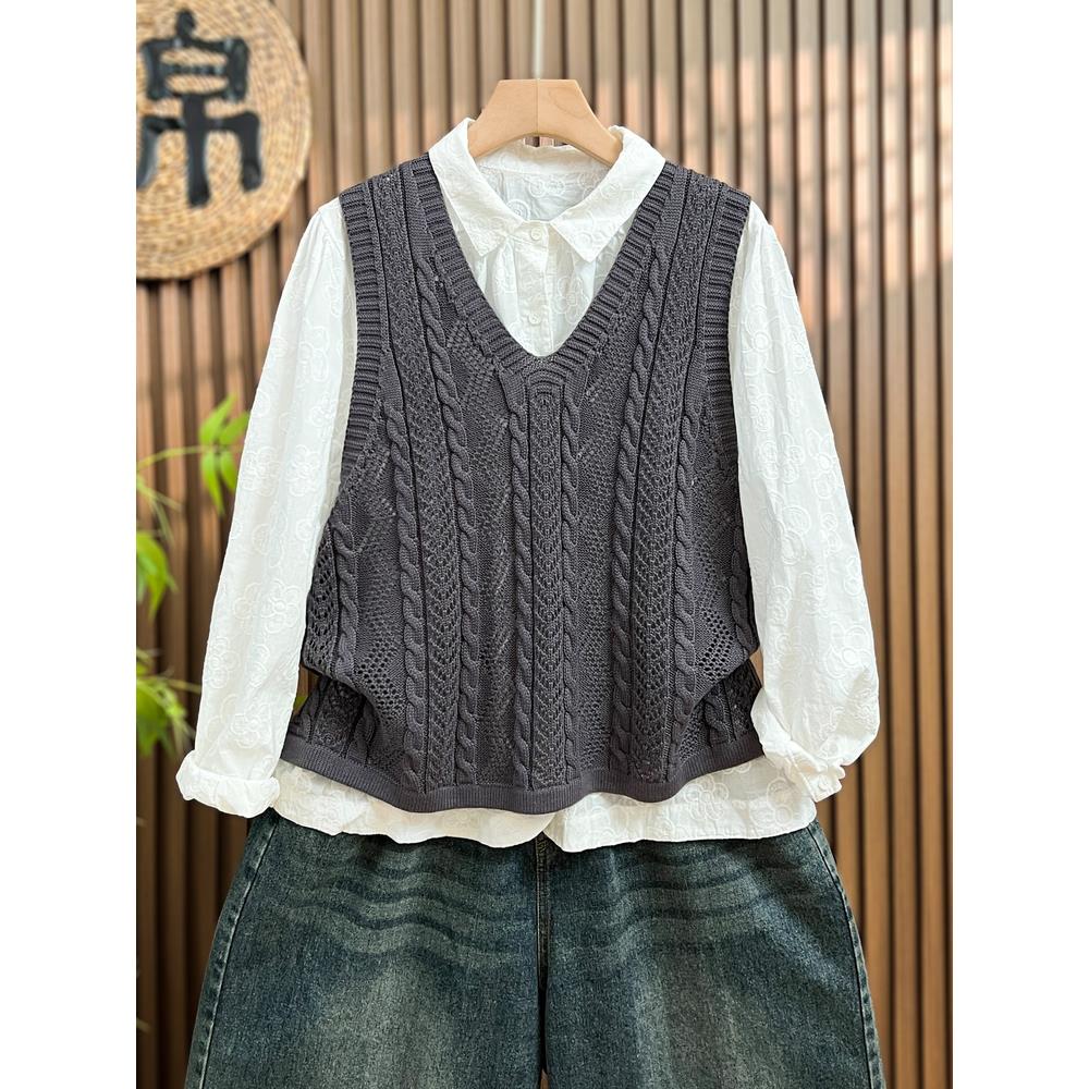 超火~大码棉线针织马甲无袖背心女春秋新款宽松罩衫坎肩马夹上衣