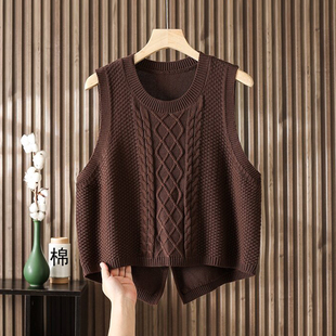 大码后开叉秋冬圆领针织马甲叠穿女无袖坎肩背心外搭短款毛衣马夹