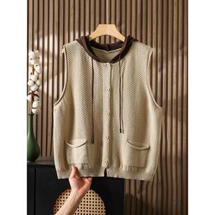 超火~大码连帽棉针织开衫马甲背心女秋冬宽松无袖坎肩毛衣马夹