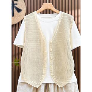 高品质~薄款镂空针织马甲开衫背心女宽松大码棉麻无袖上衣短款