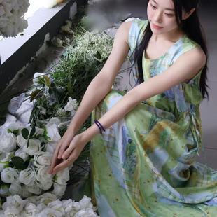 高级碎花人造棉宽松轻薄透气法式 背心设计棉绸连衣裙法式 长裙环月