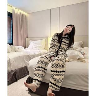 【套装米粒绒加厚】保暖宽松秋冬韩版立领上衣可外出女睡衣女冬