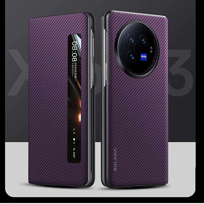 SULADA适用VIVO X Fold3商务碳纤纹皮套全包防摔翻盖智能休眠手机壳XFold 3Prox吸屏视窗保护套