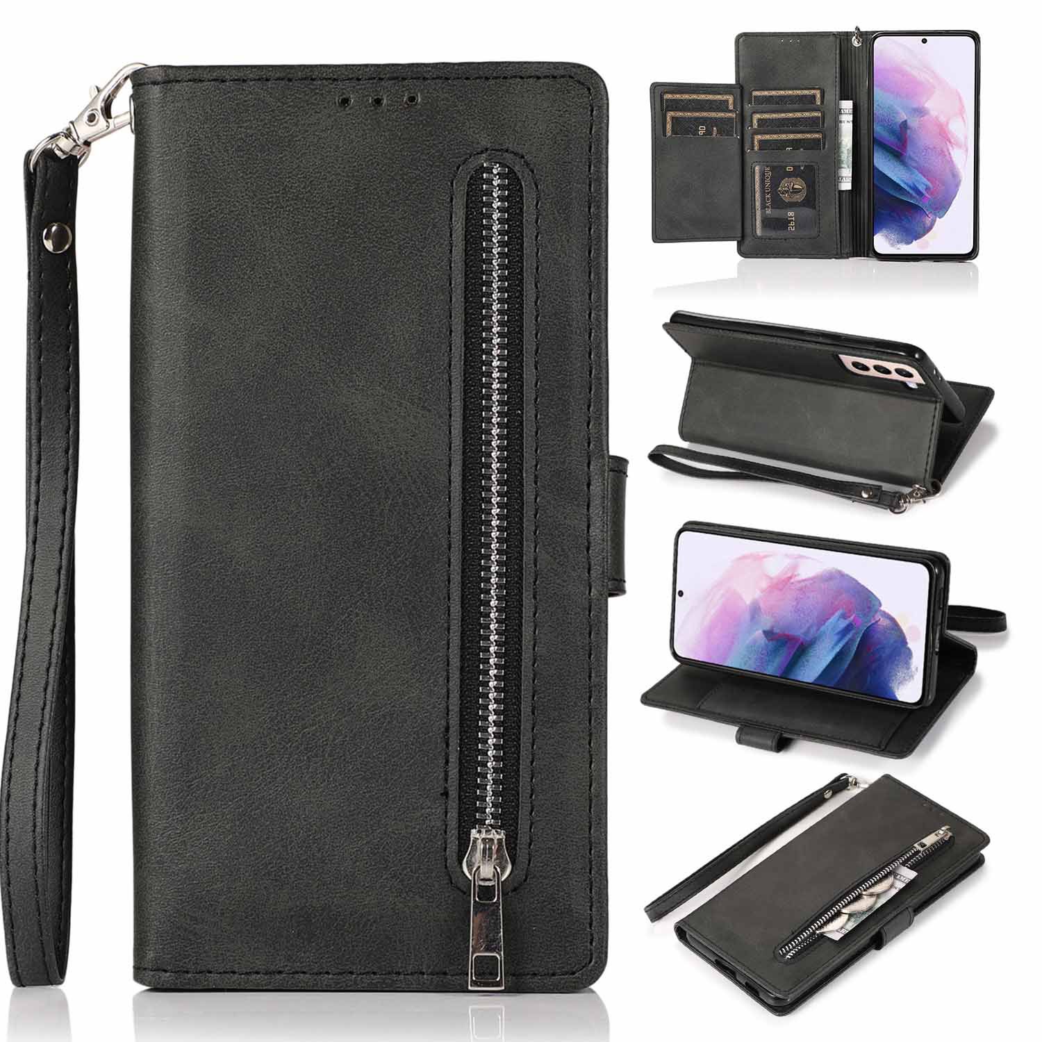 适用三星A73手机壳A54小牛纹五卡J4 2018翻盖A13皮套A5S0拉链包保护套M30磁扣J7 2017插卡皮壳A22 A32防摔A91