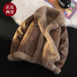 机车服夹克男装 皮毛一体男士 加绒加厚皮衣短款 大码 羊羔毛外套 冬季