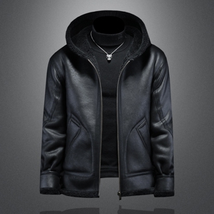 机车服夹克男装 皮毛一体男士 加绒加厚皮衣短款 大码 羊羔毛外套 冬季