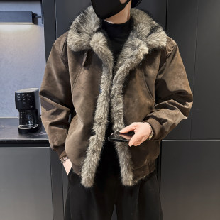 羊羔毛外套 加绒加厚棉衣机车服皮衣潮男装 座山雕皮毛一体男士 冬季