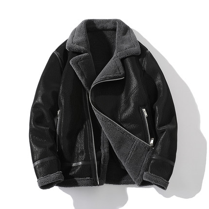 皮毛一体男士冬季大码加绒加厚皮衣短款机车服皮袄男装羊羔毛外套
