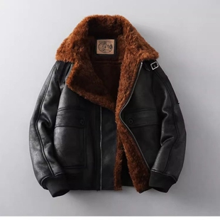 机车服皮袄男装 皮毛一体男士 加绒加厚皮衣短款 大码 羊羔毛外套 冬季