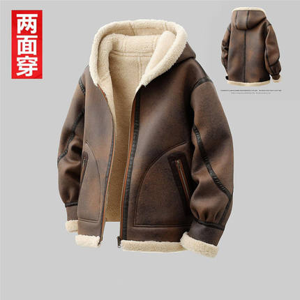 皮毛一体男士冬季大码加绒加厚皮衣短款机车服夹克男装羊羔毛外套