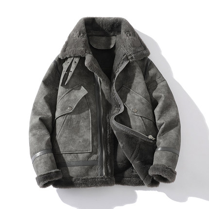皮毛一体男士冬季大码加绒加厚皮衣短款机车服皮袄男装羊羔毛外套
