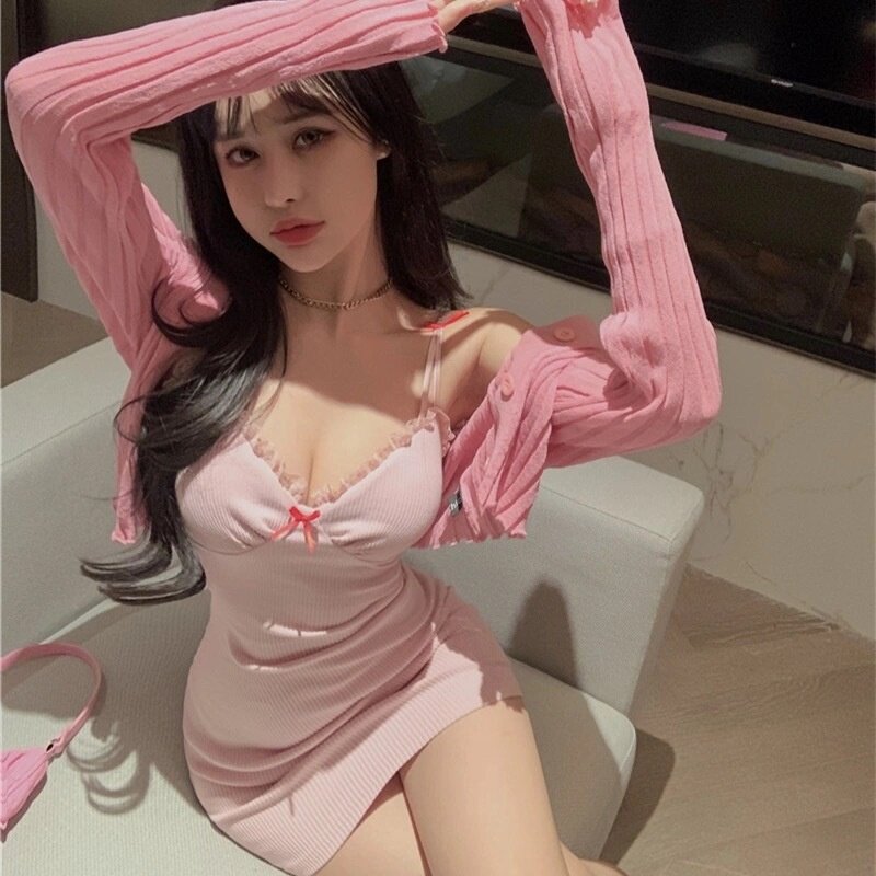 百依严选吊带连衣裙夜店酒吧日系法式蝴蝶结粉色A字收腰修身蹦迪