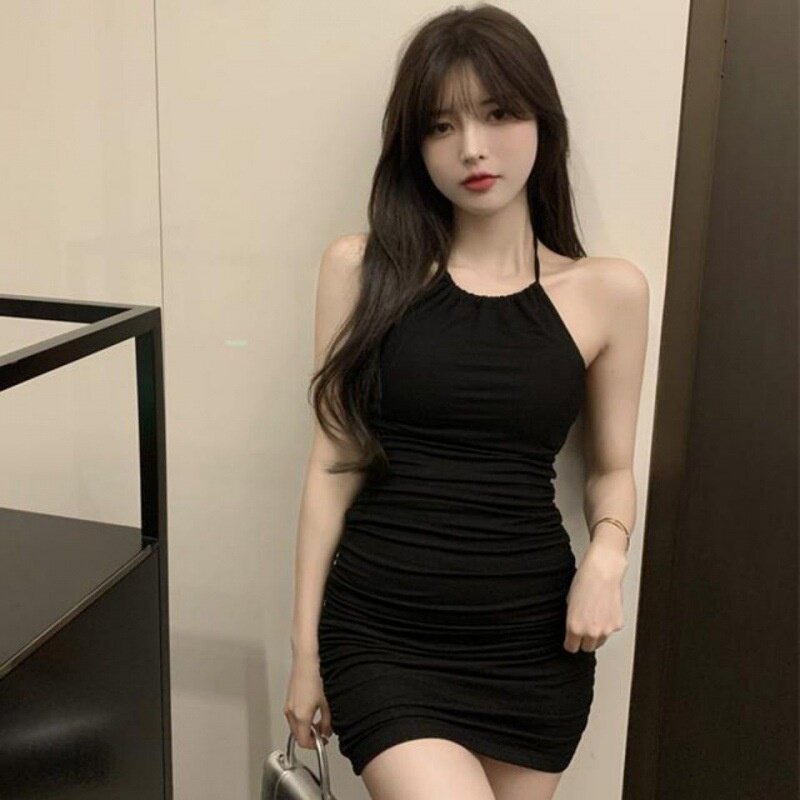 百依严选高品质法式露背挂脖连衣裙女无袖露肩内搭包臀裙吊带性感