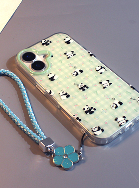 适用苹果16手机壳iPhone14ProMax新款15可爱小清新绿色格子满屏熊猫14国风卡通13硅胶防摔16pro保护套15pro女