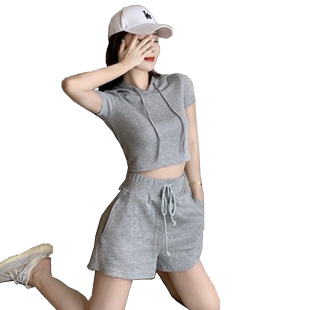 休闲运动套装女夏季短裤短袖T恤棉健身瑜伽跑步服纯色两件套女潮