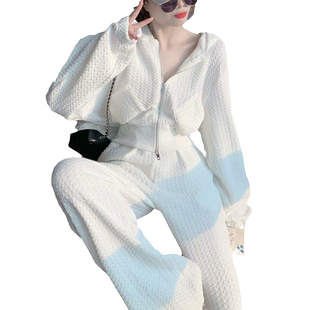 秋季新款连帽拉链薄款卫衣两件套休闲时尚跑步运动服白色套装女潮