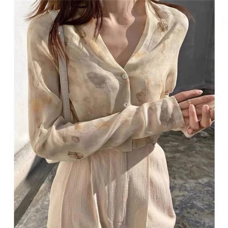 v领乔其印花上衣100%真丝朦胧美感油彩石头纹衬衫桑蚕丝长袖衬衣