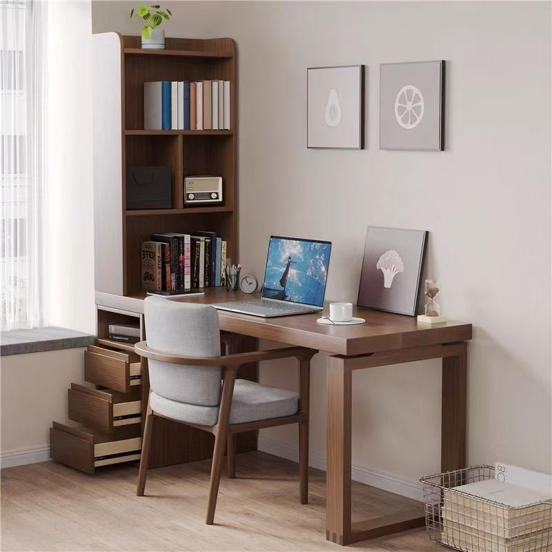 北欧实木书桌书柜书架一体简约储物柜电脑桌组合写字台学习办公桌