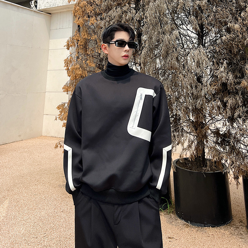 2026秋款设计师百搭黑白撞色拼皮拉链大口袋套头卫衣W2256P90，男装卫衣，电商C212