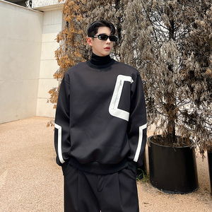 2026秋款设计师百搭黑白撞色拼皮拉链大口袋套头卫衣 W2256 P90，男装卫衣，电商C212