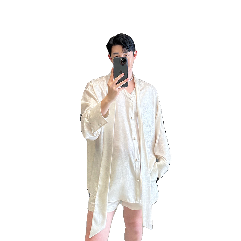 小众设计师高级感法式V领飘带衬衫短裤套装两色2451P155,男装牛仔裤,电商C212