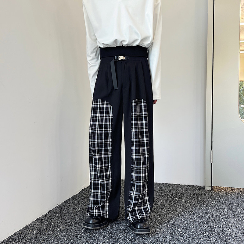 小众设计师款腰带扣拼格子阔腿休闲直筒裤K2302 P85图片