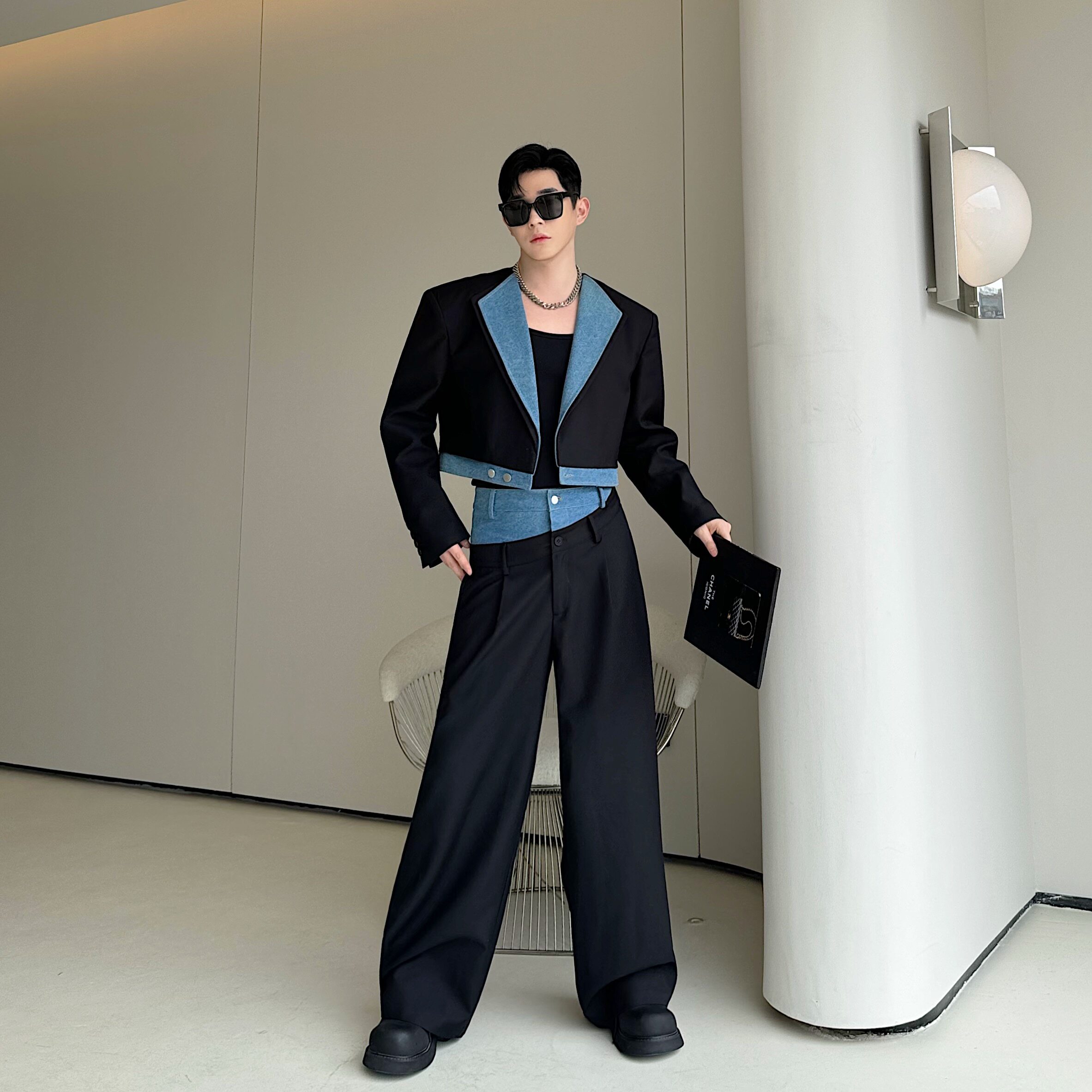 小众设计师牛仔拼接短款西装错位双腰头阔腿裤套装W2403P240，男装西服套装，电商C212