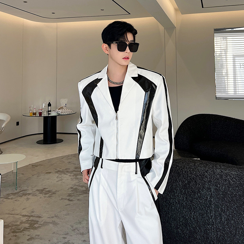 小众设计师漆皮黑白撞色西装阔腿裤套装W2323P215,男装西服套装,电商C212