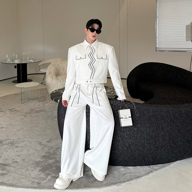 小众设计师复古波浪明线刺绣短款夹克套装两色2517P245，男装夹克，电商C212