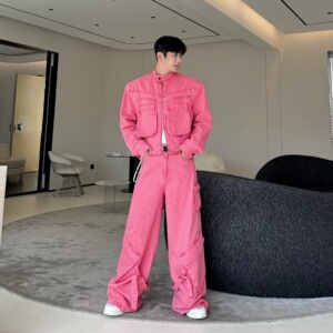 设计师美式复古水洗做旧牛仔个性夹克阔腿裤套装两色 W2491 P330图片