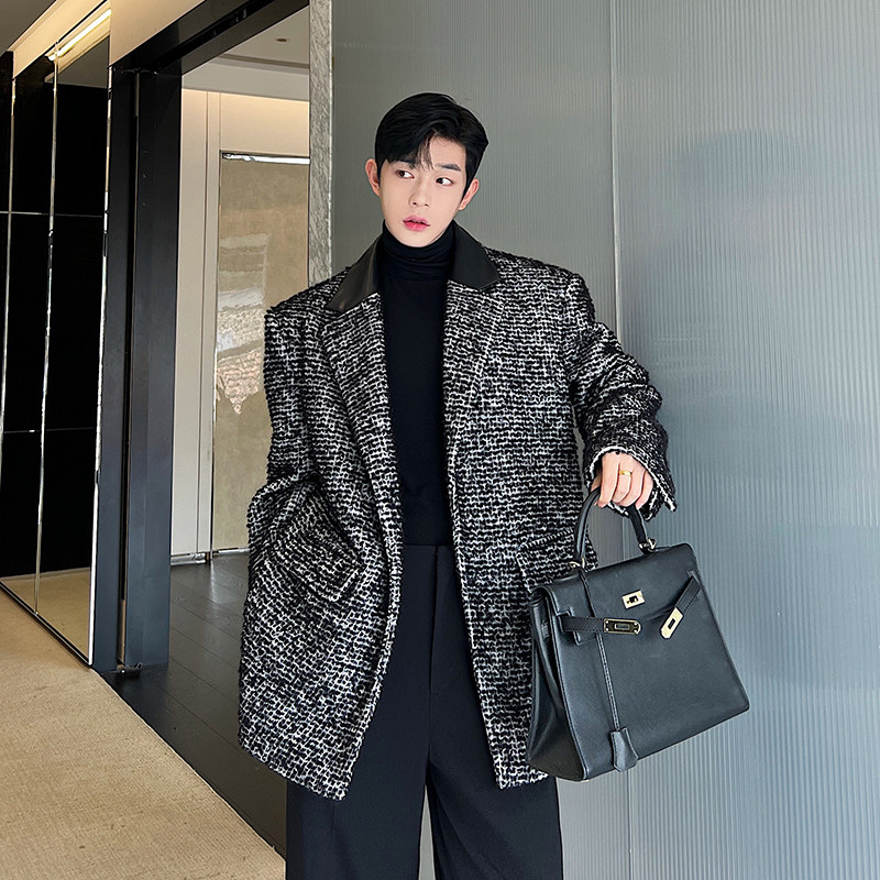 原创韩版重磅加厚羊毛圈圈绒拼皮廓形西装外套W2374P175，男装西服套装，电商C212