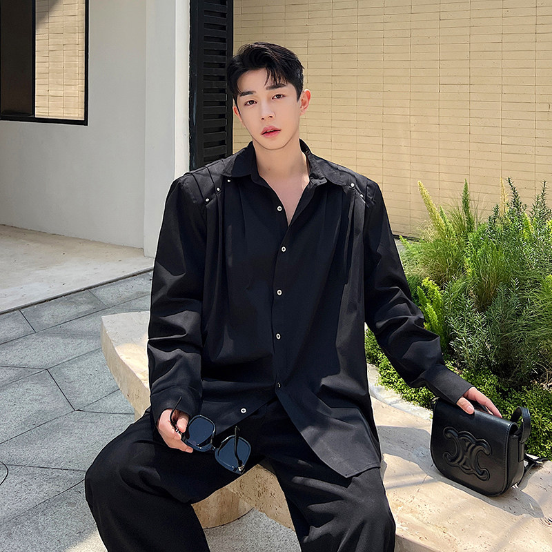 韩版小众烫钻褶皱设计感阔版长袖衬衫外两色W2325P75，男装衬衫，电商C212