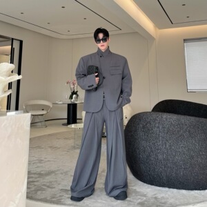 小众设计师美式高级感单扣西装外套垂感褶皱阔腿裤套装 2454 P235图片