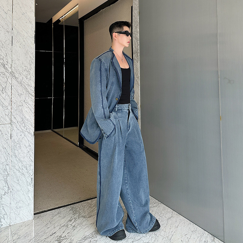 小众设计师复古重工做旧手工涂鸦水洗牛仔套装2553P265,男装西服,电商C212