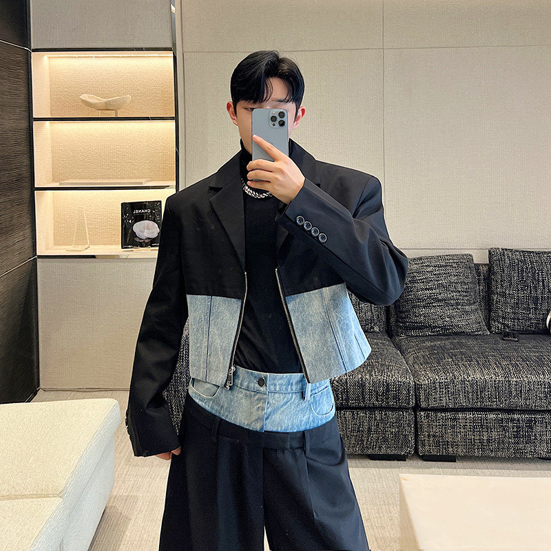 小众设计师牛仔拼接西装阔腿裤套装W2382P230,男装西服套装,电商C212