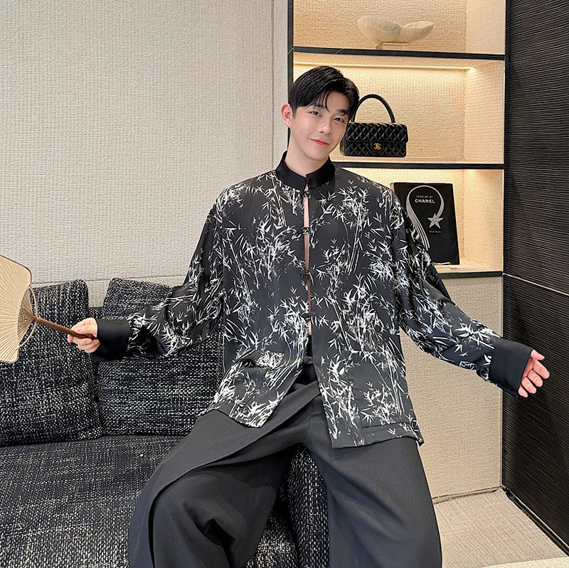 小众设计师新中式竹叶印花立领衬衫外套2457P90,男装衬衫,电商C212