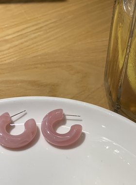 果冻粉复古c型耳圈ins小众亚克力耳环港风气质甜美圆圈耳饰s925银