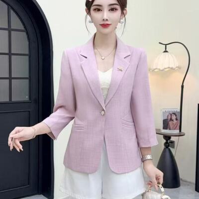 粉色七分袖小西装外套女2026新款春夏季薄款休闲短款收腰显瘦西服