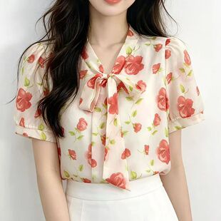 法式晕染印花蝴蝶结雪纺短袖衬衫女温柔风碎花飘带V领上衣夏季潮